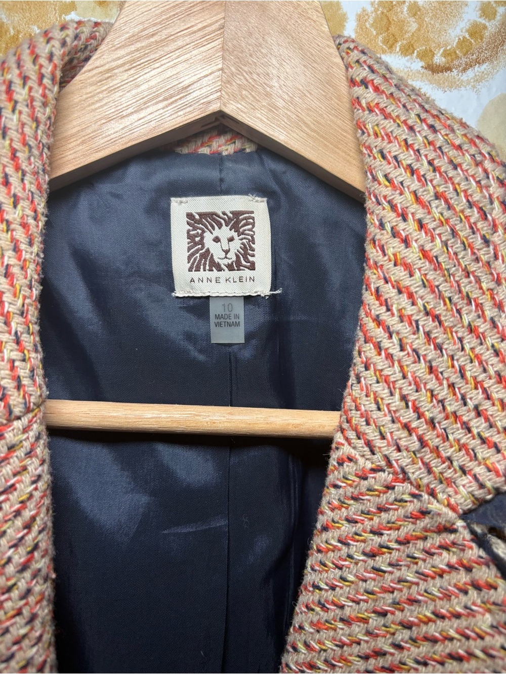 Anne Klein Tweed Blazer Jacket Pink Navy Trim Frayed Edge Career Preppy - Picture 3 of 14